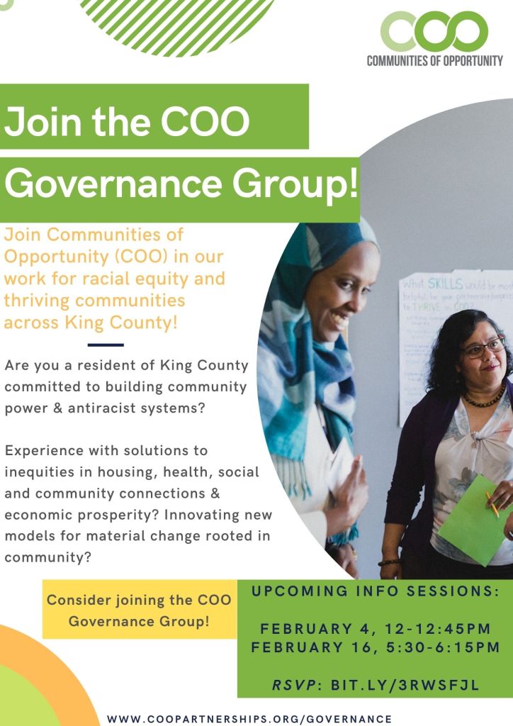 Join the COO Governance Group! Experience with solutions to inequities in housing, health, social and community connections & economic prosperity? Innovating new models for material change rooted in community? Consider joining the COO Governance Group. Upcoming info sessions - February 4 at 12pm and February 16 at 5:30pm. RSVP: Bit.ly/3RWSFJL