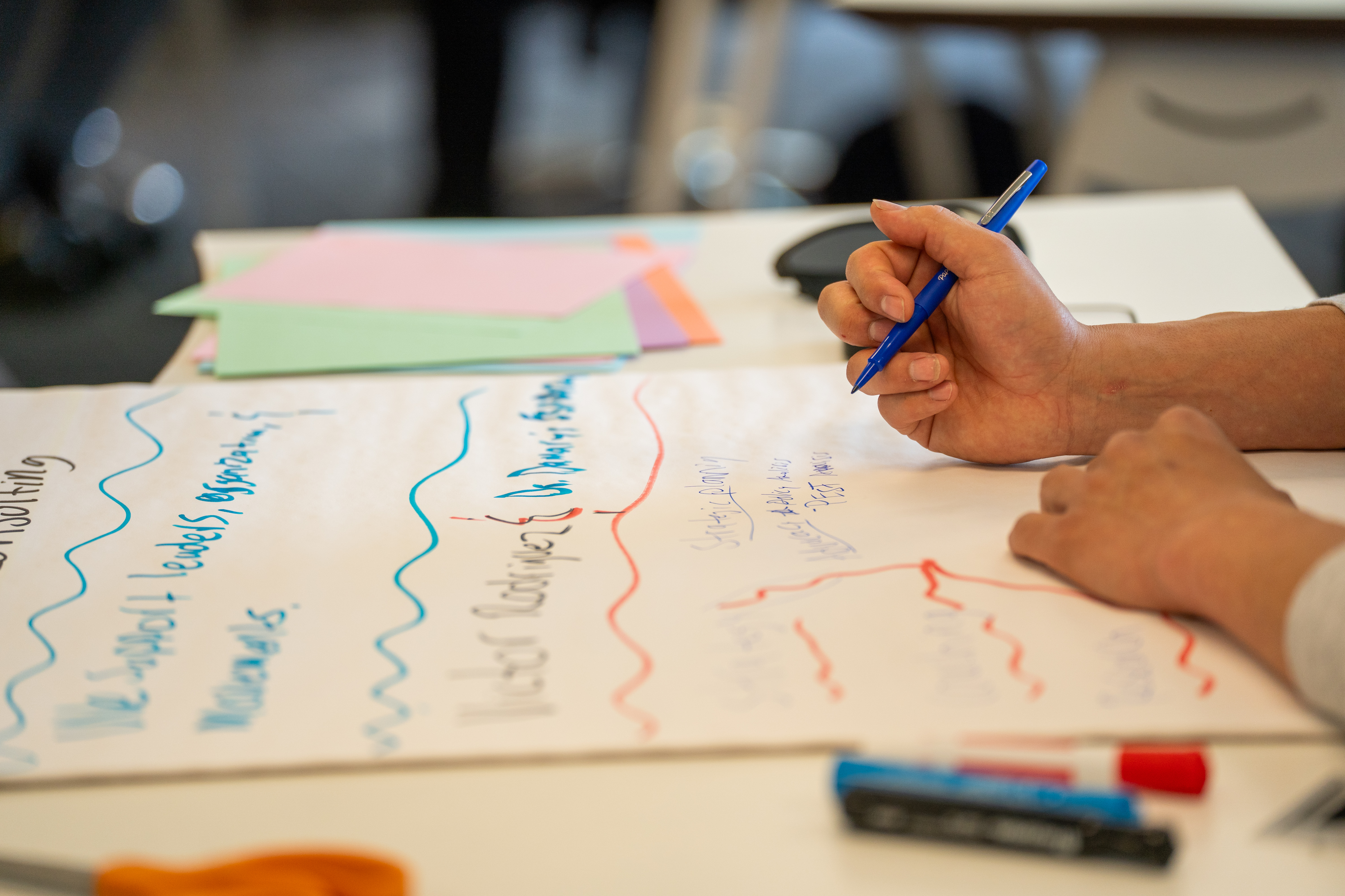 A person's hand holding a pen above a piece of poster paper with writing