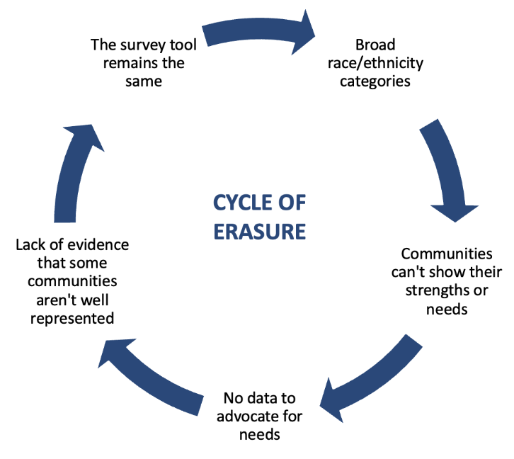Arrows pointing in a circle. Between each arrow a phrase: (in no particular order: "Broad race/ethnicity categories" to "Communities can't show their strengths or needs" to "No data to advocate for needs" to "Lack of evidence that some communities aren't well represented" to "The survey tool remains the same."

In the middle of the circle is the phrase "Cycle of Erasure."